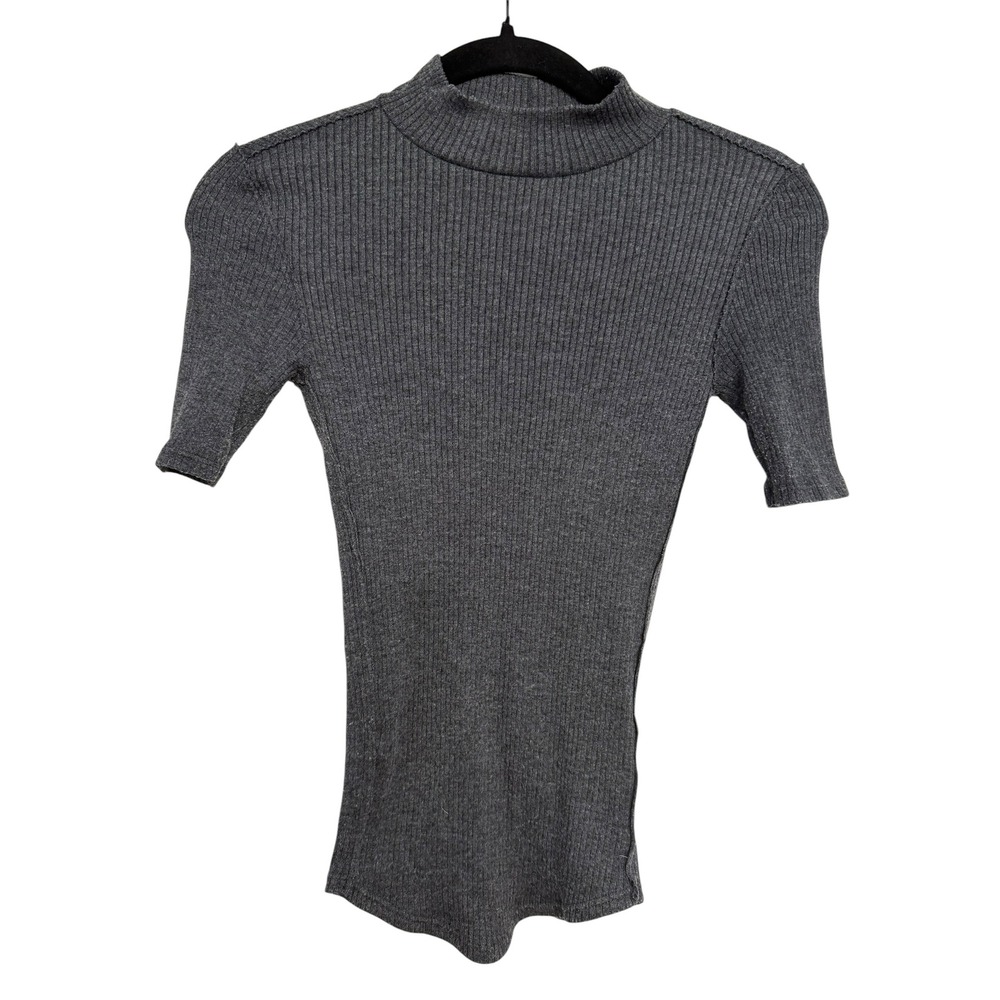 We The Free Free People Charcoal Gray Ribbed Mock Neck Short Sleeve Top XS